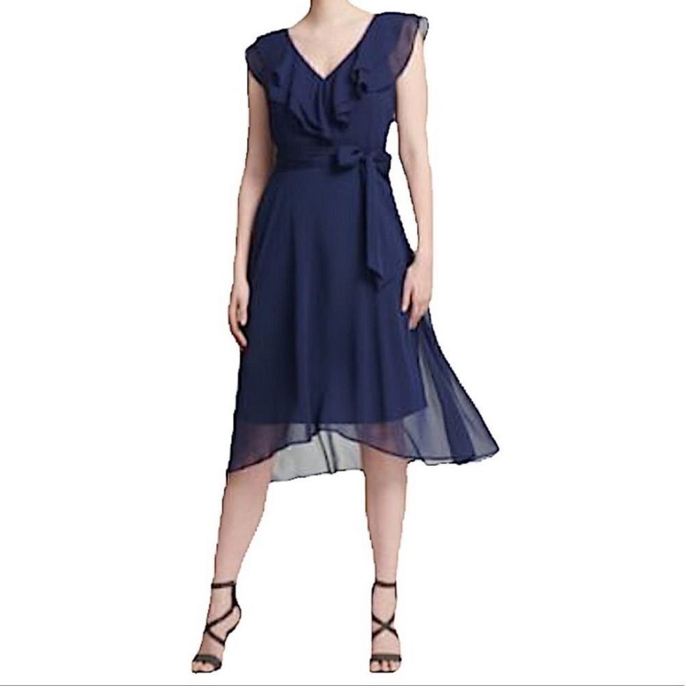 NWT DKNY Ruffle V-Neck Midi Flutter Sleeves Chiffon Dress Midnight Blue